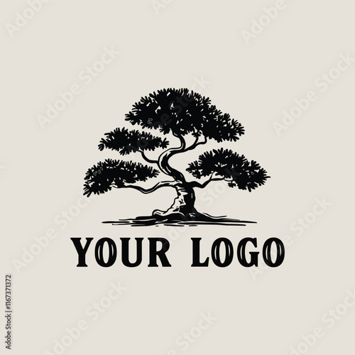 hand drawn bon sai vintage style logo design, vector illustration with text below "your logo''