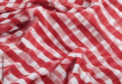 Red and white checkered tablecloth Top view table cloth texture background Red gingham pattern fabri photo