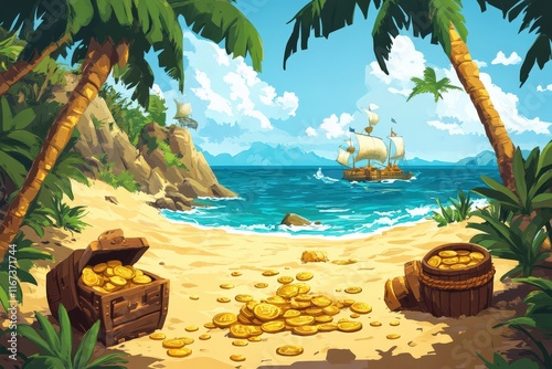 Tropical Island Treasure Ship Golden Coins Beach Scene