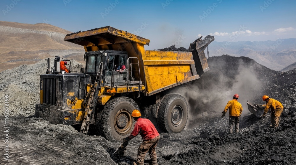 Large Mining Truck Unloads Coal In Mountainous Terrain Large Mining Truck Unloads Coal In Mountainous Terrain