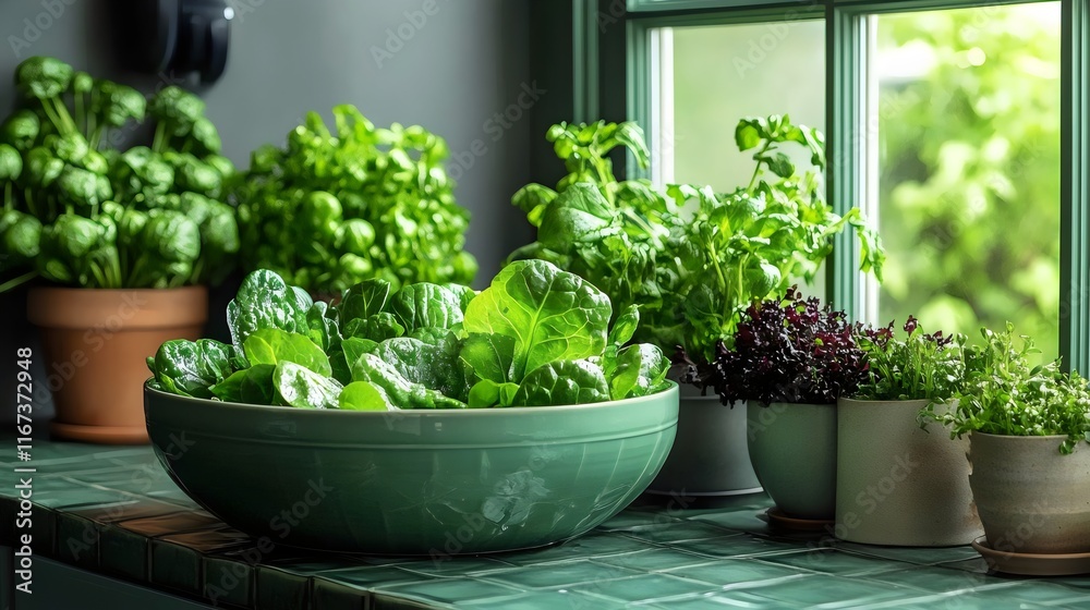 A green bowl filled with greens sits on a counter next to several potted plants A green bowl filled with greens sits on a counter next to several potted plants
