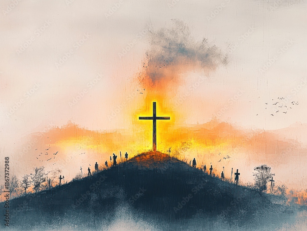Obraz premium Sunrise over a hill with a glowing cross spiritual symbolism serene environment inspirational viewpoint