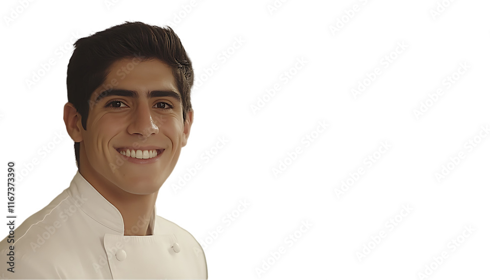 A smiling chef in a white uniform, conveying warmth and professionalism.
