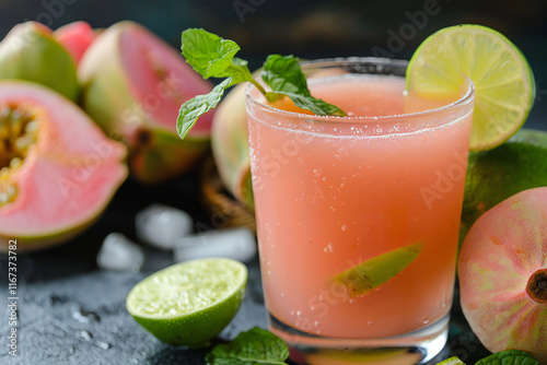 Wallpaper Mural Refreshing Guava Juice in a Glass with Guava Slices and Straw, Tropical Beverage in a Beach Setting Torontodigital.ca