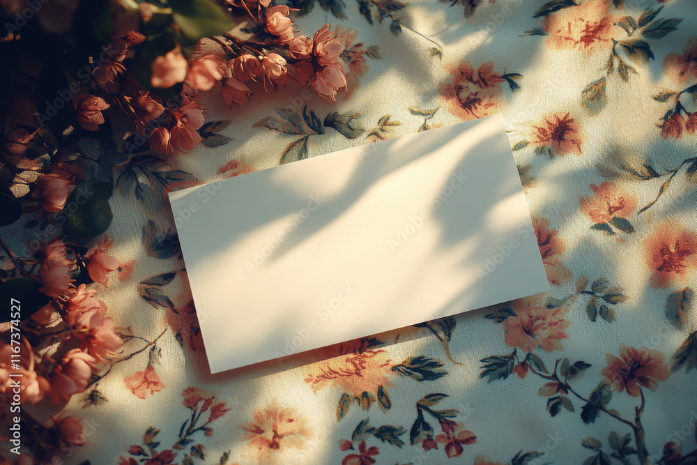 Obraz premium Blank card resting on a floral fabric in soft sunlight. Perfect for your message!