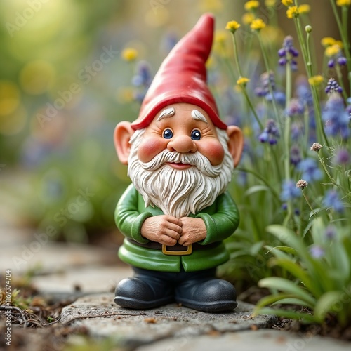 A colorful garden gnome with a red hat and green outfit stands on a stone pathway, surrounded by yellow and purple flowers in a lush garden.