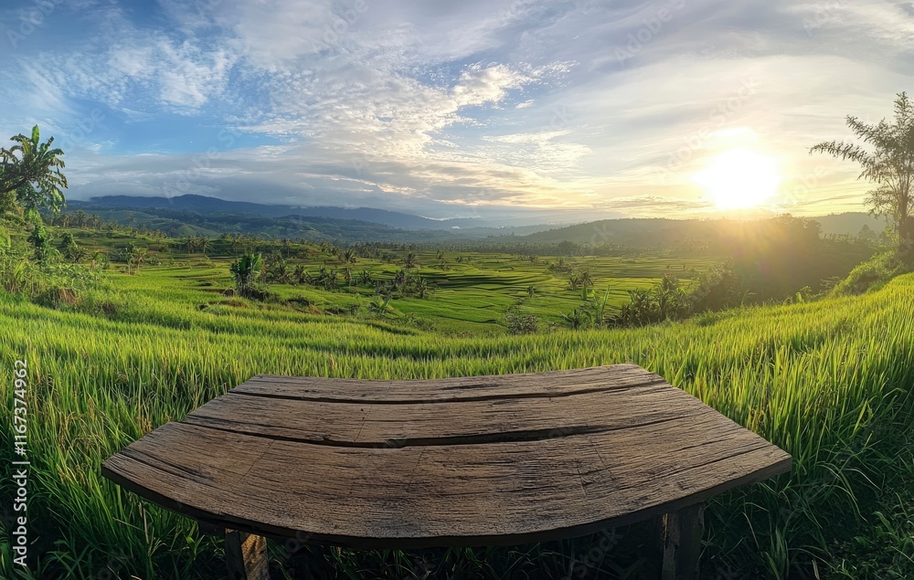The wooden tabletop is set against the backdrop of an open rice field with green grass and blue sky, with the sunset light shining on it. The sun shines brightly in front of you