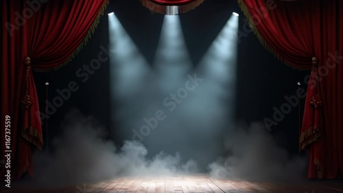 An empty stage with lights and smoke. Red velvet curtains frame a dark stage filled with smoke