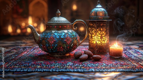 Ornate teapot, lantern, candle on rug in firelit room. photo