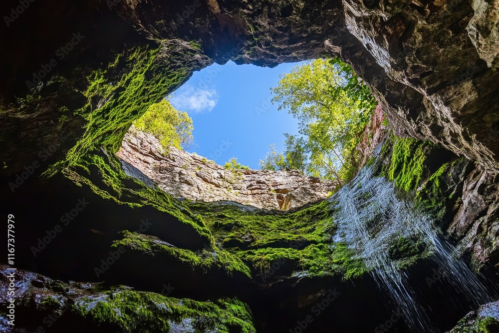Obraz premium Waterfall view seen from inside the cave, green moss covered rock wall, blue sky in background, breathtaking landscape, wide angle lens, national geographic photography
