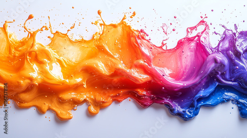 Vivid splashes of orange, pink, blue, and purple paint merge together, creating dynamic flow patterns. The scene showcases artistic expression through color and movement. photo