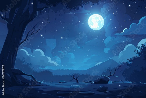 A Tranquil Nighttime Landscape with a Large Full Moon and Distant Mountains