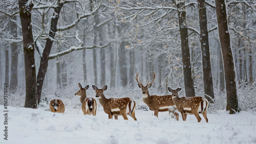 A small group of fallow deer walking through a snowy forest, their spots faintly visible on their coats as snowflakes gently fall from the sky. ai A small group of fallow deer walking through a snowy forest, their spots faintly visible on their coats as snowflakes gently fall from the sky. ai