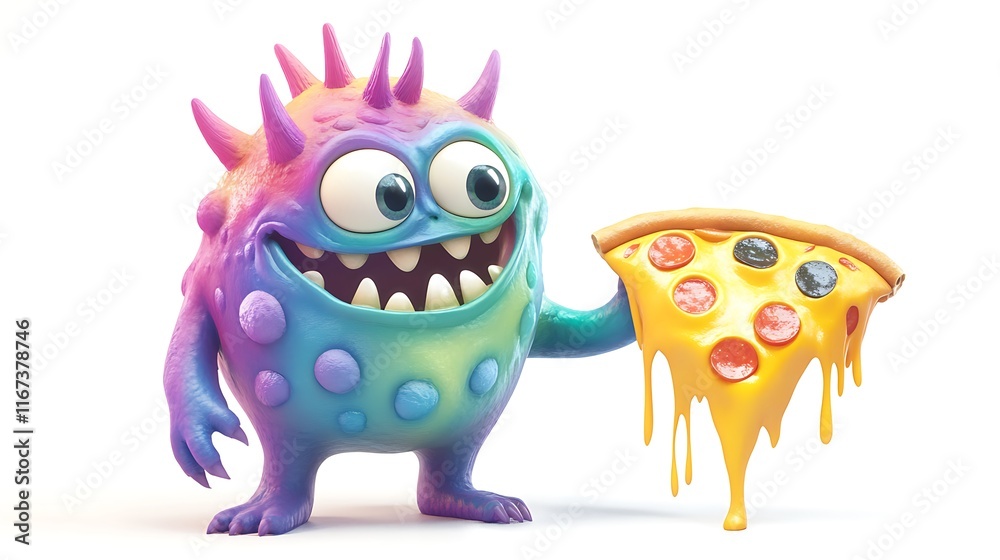 Naklejka premium Playful monster enjoying pizza fantasy world 3d animation whimsical