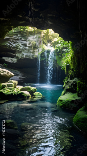 True Purity: Pristine Fresh Water Flowing from a Natural Cavern and Creating a Scenic Waterfall photo