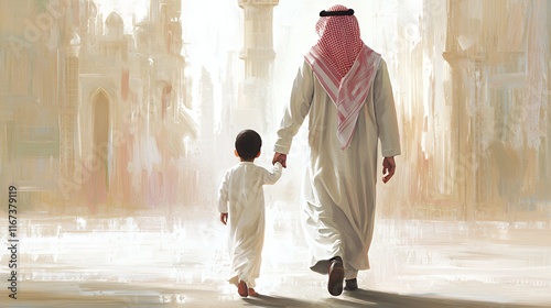 Father and Son Walking in Arabian City