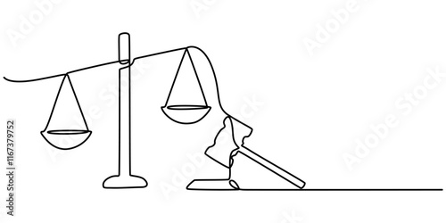 One Line Drawing of a Justice Scale, Minimalist Illustration Representing Equity and Justice, One continuous single drawing line art flat doodle scale, symbol, balance, law, justice, court, weight. 