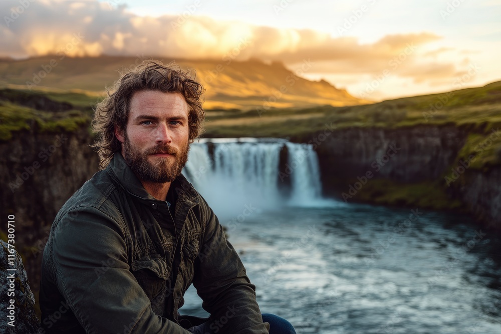 wide angle view of godafoss waterfall with lush green landscape and river at sunset, vibrant colors, cinematic wide angle view of godafoss waterfall with lush green landscape and river at sunset, vibrant colors, cinematic