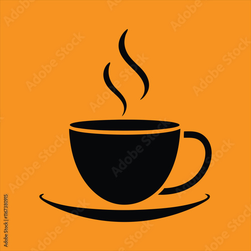 a black silhouette of a coffee cup with steam rising from it, placed on a saucer, against a bright orange background.