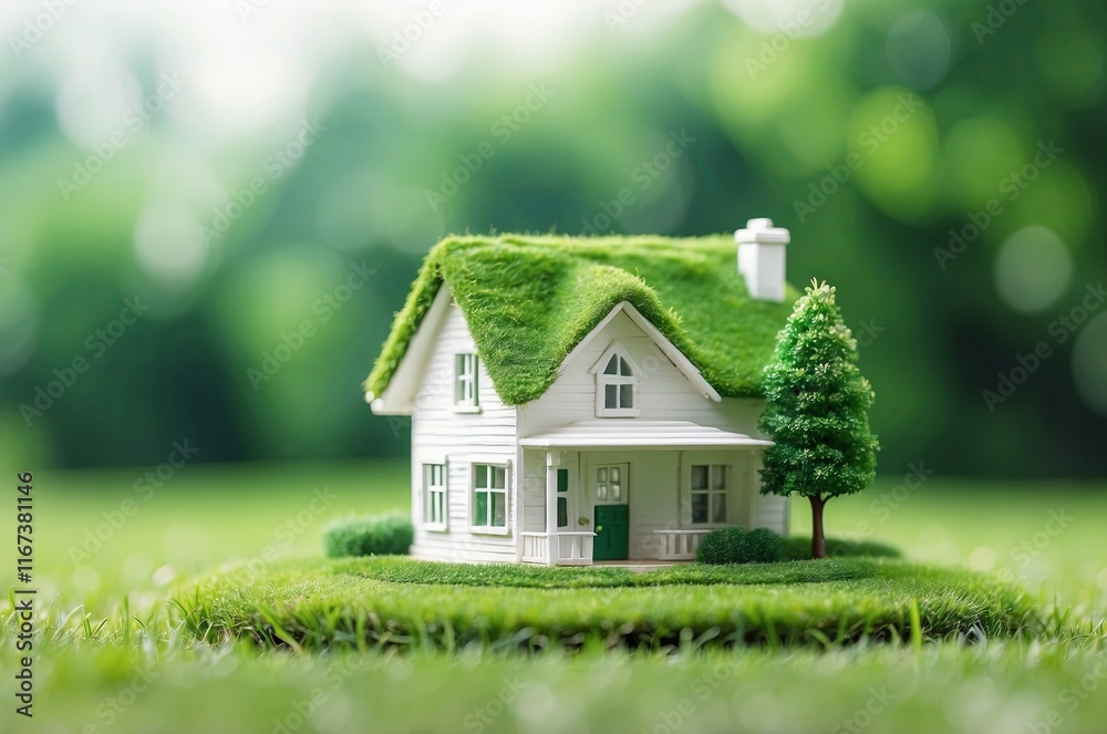 Miniature house with green roof surrounded by lush grass on a sunny day