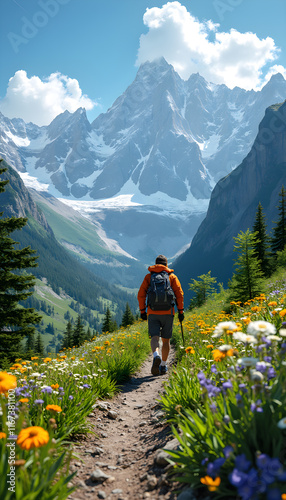 Hiker traverses a vibrant mountain trail surrounded by wildflowers under a clear blue sky