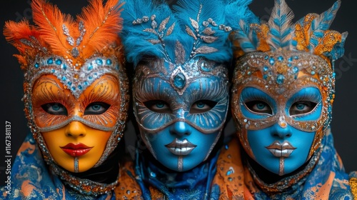 Three Venetian Masks Orange, Blue, and Gold Elegance