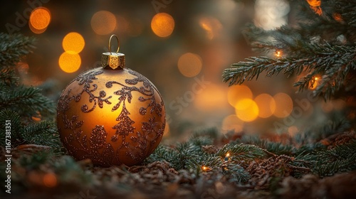 Glimmering Gold Christmas Ornament in Festive Forest Setting