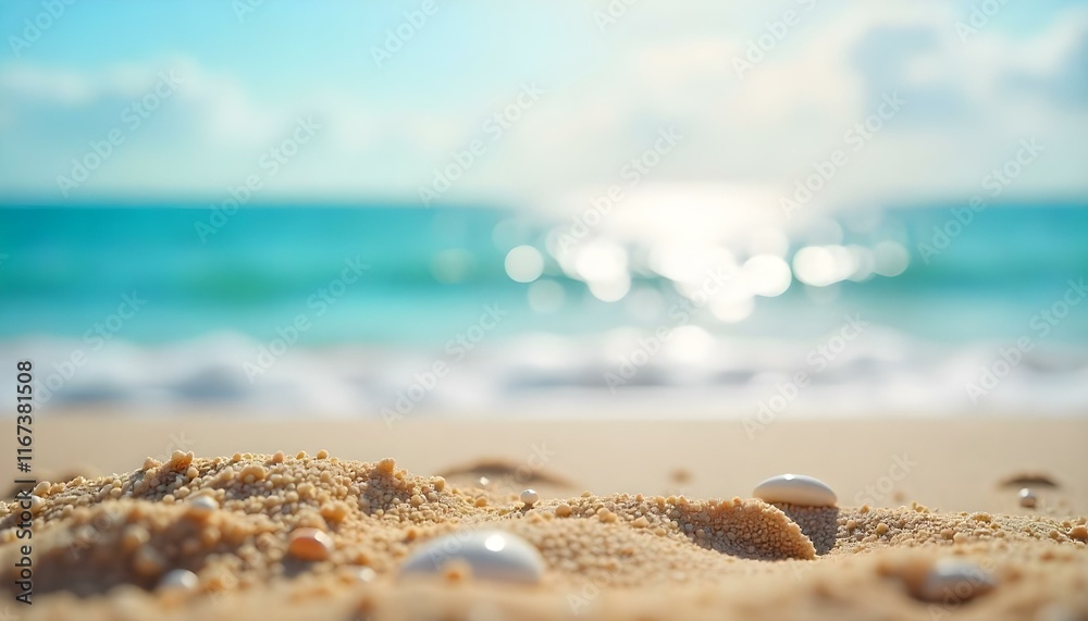 Blured blue sea with focus on the beach, beach with sand Blured blue sea with focus on the beach, beach with sand