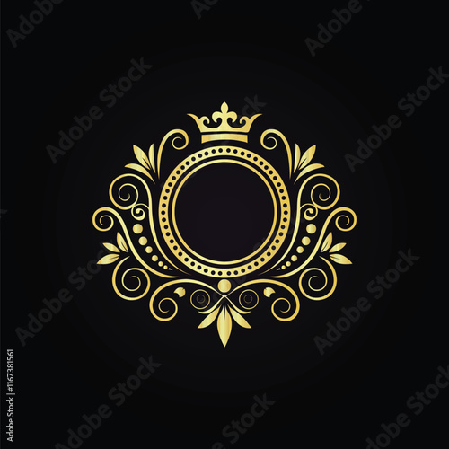Ornate circular emblem with intricate gold floral motifs and crown on a luxurious black background  
