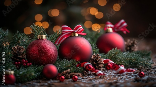 Festive Red Christmas Ornaments with Pine Branches and Candy Canes