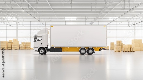 Modern delivery truck in a spacious warehouse. photo