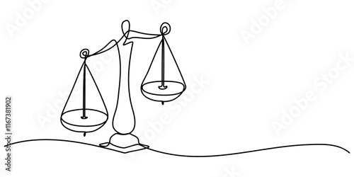 One Line Drawing of a Justice Scale, Minimalist Illustration Representing Equity and Justice, One continuous single drawing line art flat doodle scale, symbol, balance, law, justice, court, weight. 