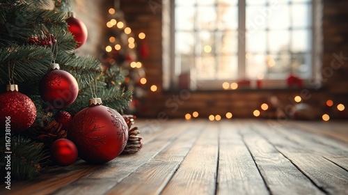 Rustic Christmas Background Red Ornaments and Wooden Floor with Festive Lights