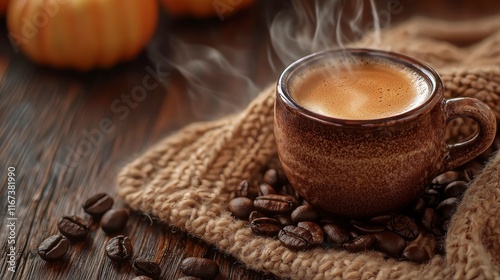 Hot coffee in autumnal setting. photo