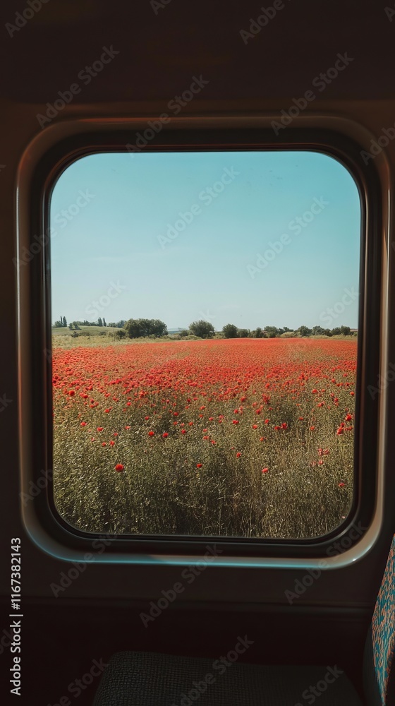 A bright red field of roses can be seen from the train window A bright red field of roses can be seen from the train window