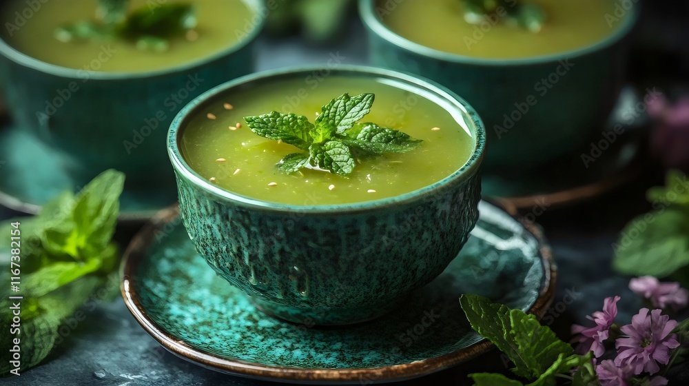 A green bowl of soup with a sprig of mint on top A green bowl of soup with a sprig of mint on top