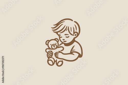 Minimalist brown line art of a toddler with a teddy bear, cozy logo design