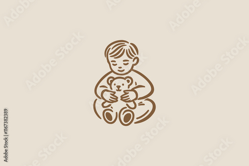 Minimalist brown line art of a toddler with a teddy bear, cozy logo design