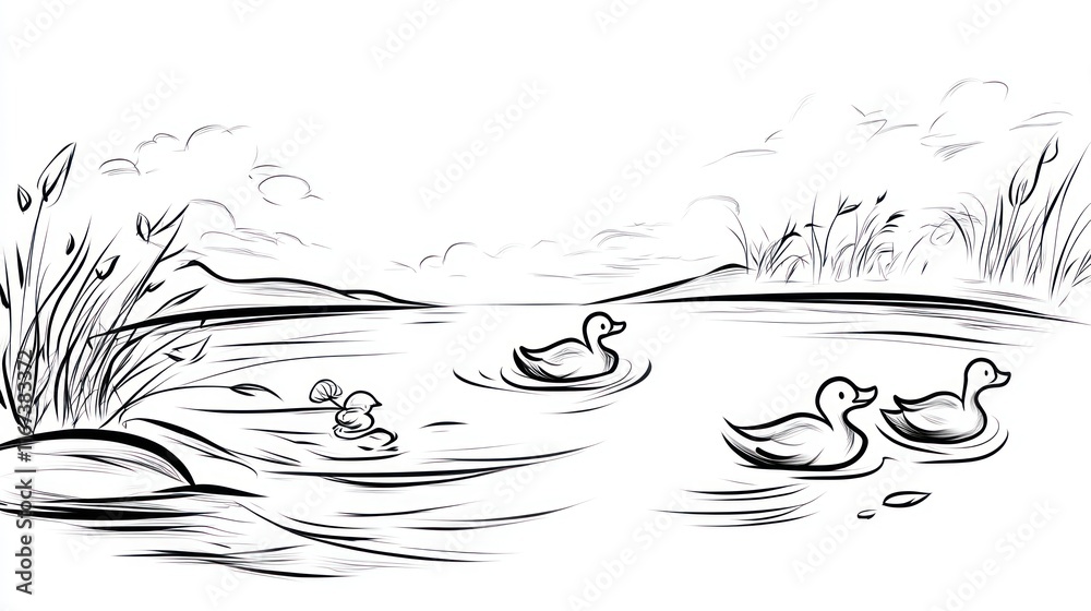 Fototapeta premium Ducks Swimming Calmly on a Serene Lake Landscape