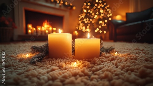 Cozy Christmas Eve Two Burning Candles on a Fluffy Rug by a Fireplace and Christmas Tree