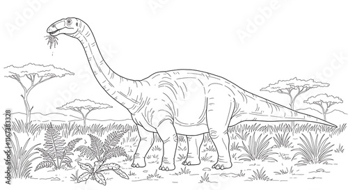Prehistoric herbivore dinosaur with a long neck.  Coloring page illustration of a savannah scene with plants and trees.