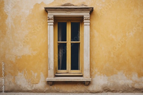 Bright yellow wall with a wooden window frame in a historical building