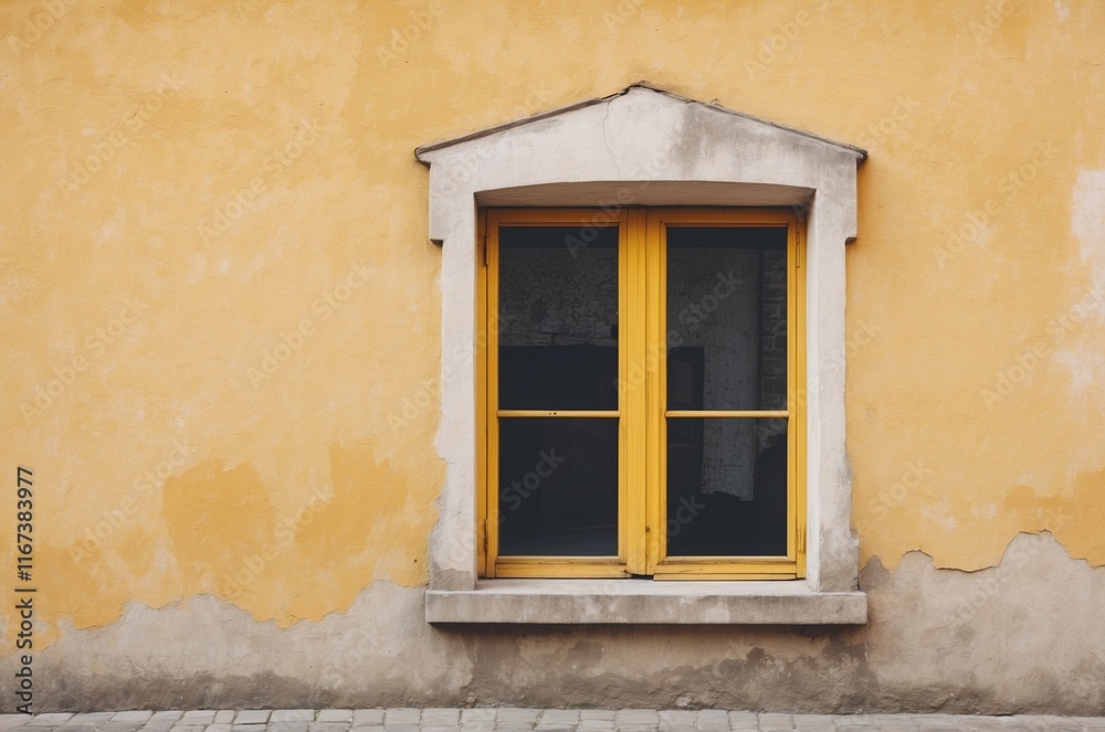 Yellow wall with wooden windows encapsulating rustic charm in a quaint setting