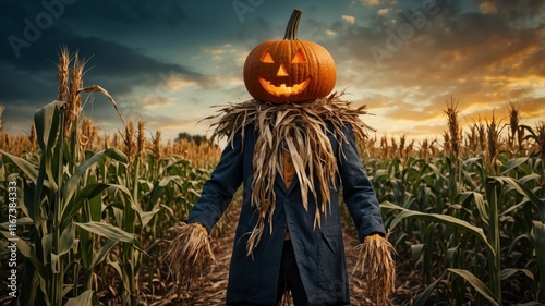 Wallpaper Mural Scarecrow with a pumpkin head stands in a cornfield at sunset Torontodigital.ca