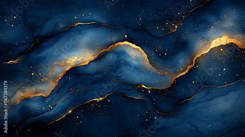 Wallpaper Mural Abstract Blue and Gold Swirling Ink Art Design Torontodigital.ca