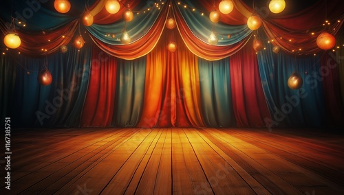 
A circus tent curtain with lights and drapes, in shades of orange, blue, red, and yellow. A stage background with a wood floor, serving as a backdrop for a photo shoot.