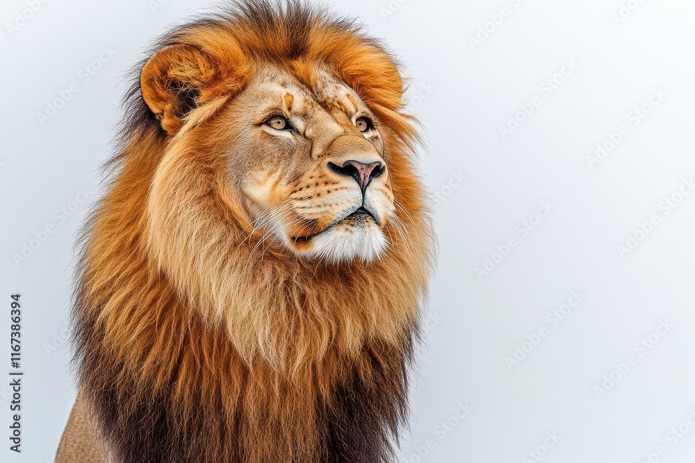 Obraz premium majestic lion stands proudly against a clean white background exuding strength and grace representing the king of the jungle in a striking portrait