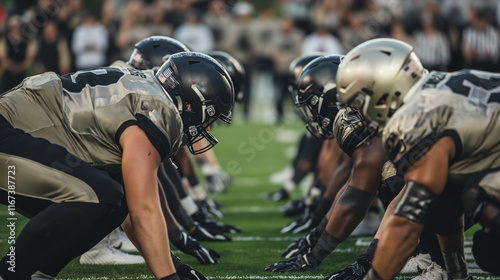 American football teams face off at the line of scrimmage, players in full gear with intense focus on stadium. Ready to start the game photo