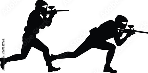 Paintball player silhouettes, paintball sports, soldier, army, police, paintball guys, paintball army, players designs, logo, clipart, artwork. Different poses of people playing with weapons.  photo