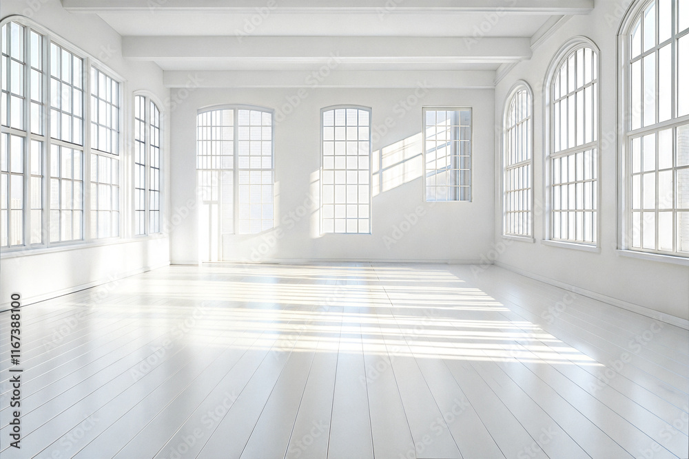 Fototapeta premium Empty Room with White Walls, Hardwood Floors, and Large Windows for Customization